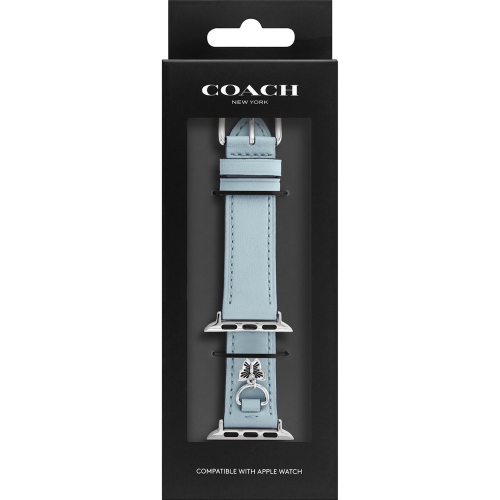 Coach Women's Leather Apple Watch Strap: Light Blue With Silver Butterfly Charm